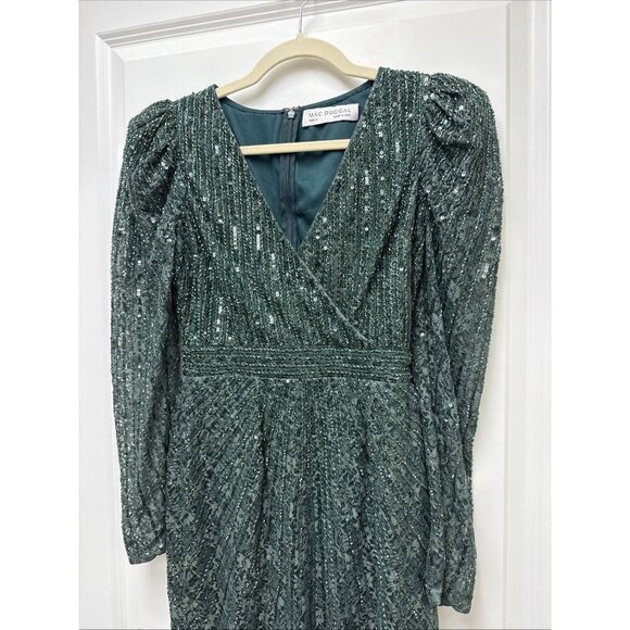 New Mac Duggal Size 2 Green 93676 Beaded Long Sleeve V-Neck Midi Cocktail Dress - Picture 6 of 14